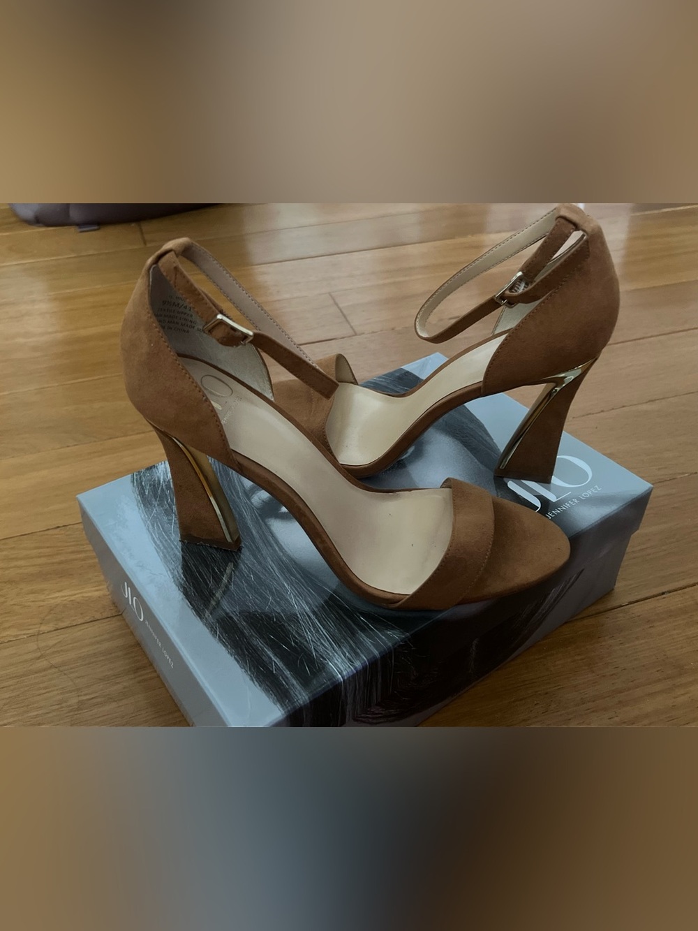 Jennifer Lopez Taupe Suede Ankle-Strap Block Heels